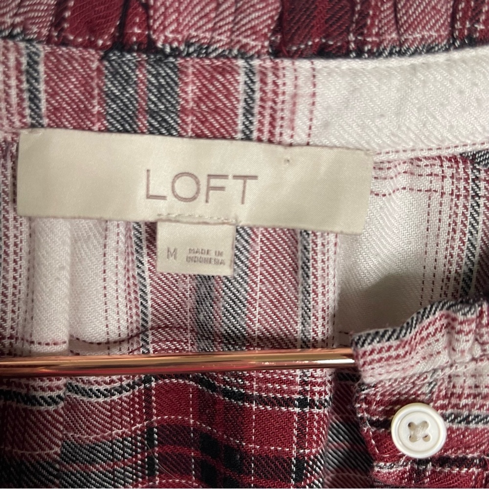Loft Red White Plaid Long Sleeve Buttondown Blouse Ruffle Autumn - Picture 6 of 7